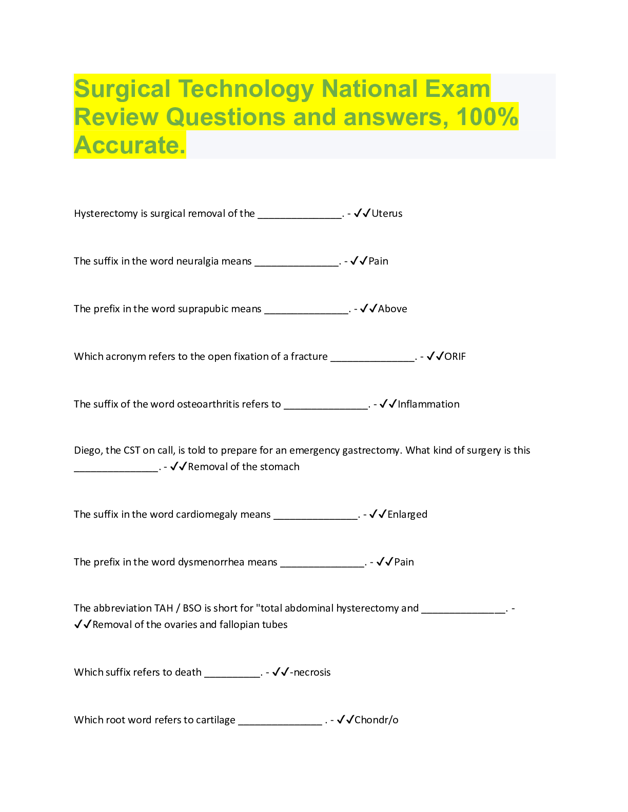 Preview image for Surgical Technology National Exam  Review Questions and answers, 100%  Accurate.